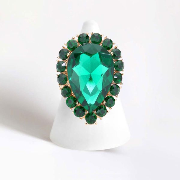 Green Crystal Rhinestone Teardrop Stretch Cocktail Ring