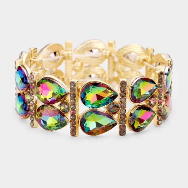 Peacock Crystal Teardrop Rhinestone Pave Stretch Evening Bracelet